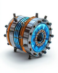 A futuristic mechanical component featuring a sleek design with vibrant blue and orange highlights, showcasing advanced engineering.