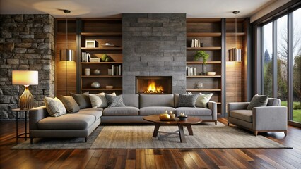 Fototapeta premium Northwest Living Room: Gray & Brown Modern Interior with Stone Fireplace Silhouette