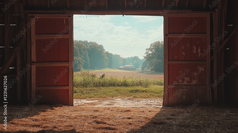Poster a red barn with a large open door. the inside of the barn is empty and the outside is a field