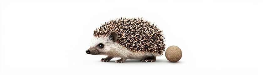 Fototapeta premium A cute hedgehog with spiky fur, resting beside a small round ball. Ideal for nature and animal-themed projects.