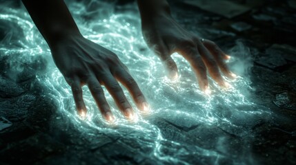 A person's hands press against the ground, leaving bright, glowing traces in the shape of hands.