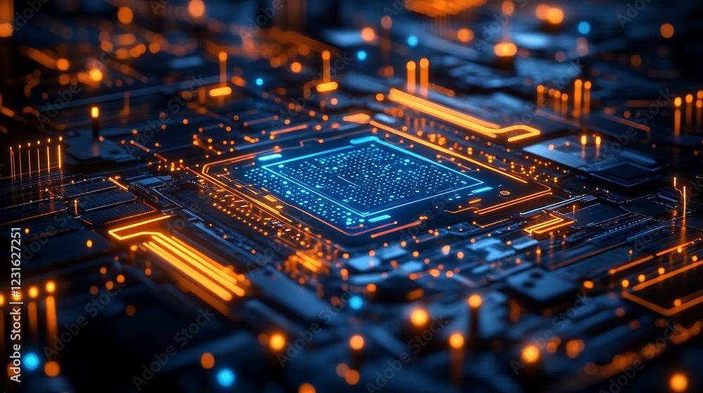 Poster abstract futuristic technology background with glowing blue geometric lines and symmetrical patterns