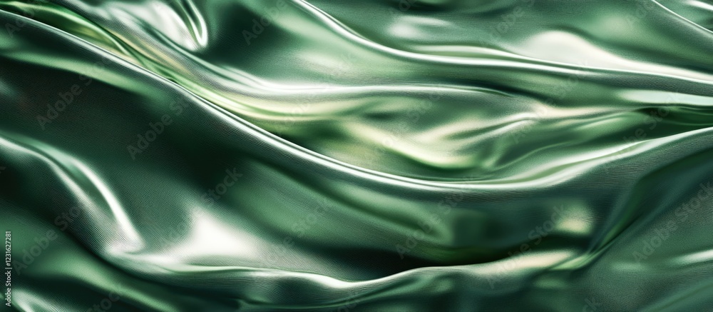 Poster luxurious flowing satin fabric in rich green tones with a shimmering finish, creating elegant textur