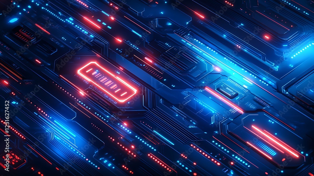Poster glowing blue abstract digital background with geometric lines in a futuristic symmetrical compositio