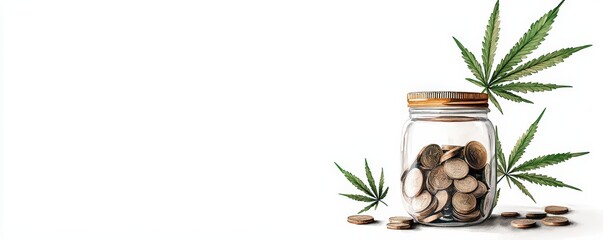 A glass jar filled with seeds and surrounded by cannabis leaves, showcasing natural elements and organic beauty.