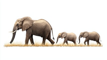 Fototapeta premium A majestic elephant and its young ones walk gracefully through golden grass, showcasing the beauty of wildlife and family bonds.
