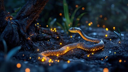 A glowing snake slithers through a dark, enchanted forest, illuminated by glowing orbs creating a magical atmosphere.