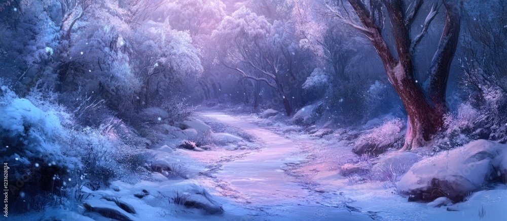Poster serene snowy trail winds through a magical frosted forest in soft blues and purples with snow-covere