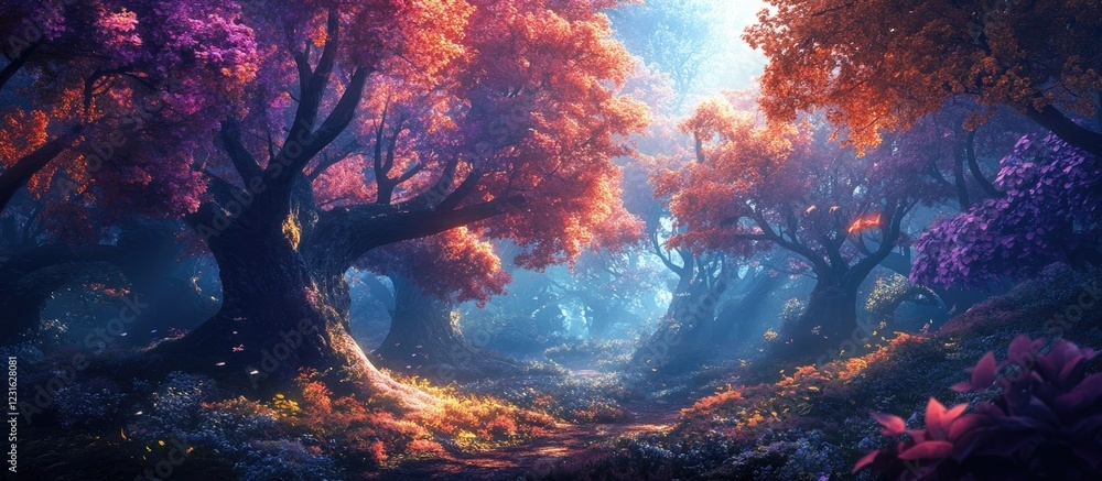 Poster vibrant enchanted forest scene with illuminated trees in hues of orange and purple creating a mystic