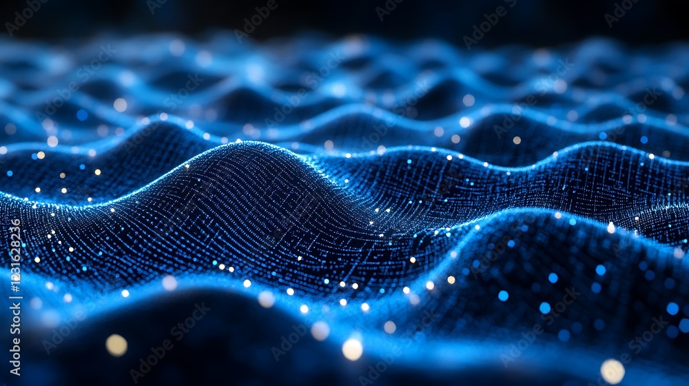 Poster high-tech virtual background with a glowing digital grid and motion light effects in dark blue