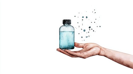 A hand holding a bottle filled with water, with droplets floating above, symbolizing hydration and freshness.