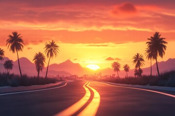 Inviting 3D Illustration of a Curved Road Leading to a Sunset