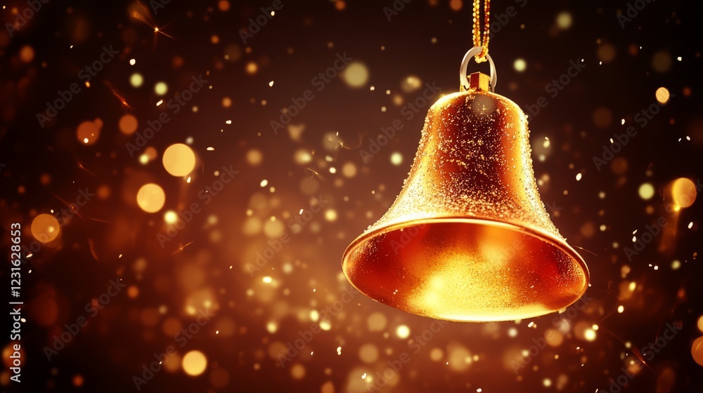 Poster golden bell hanging from a string with a lot of sparkles around it. the image has a festive and cele