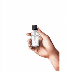 A hand holding a small glass bottle with liquid, ideal for health, beauty, and cosmetic applications.