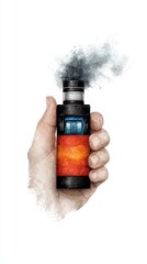 A hand holds a vape device, releasing a cloud of vapor. Ideal for showcasing vaping culture and modern lifestyle.