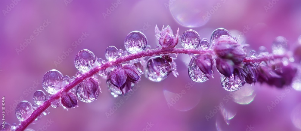 Poster delicate purple flower with dew drops resting on vibrant stem set against a soft purple background c