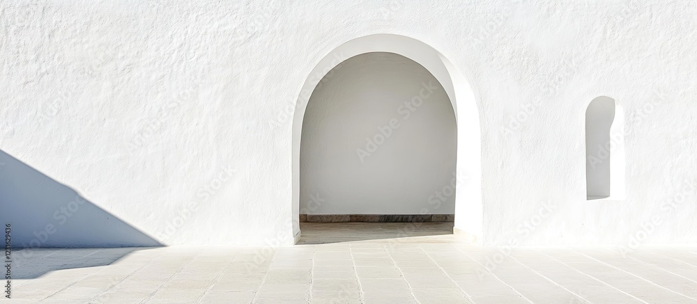 Poster white minimalist interior featuring an arched doorway on a light-colored floor with a soft shadow ac