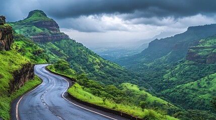 Fototapeta premium Scenic Winding Road Through Lush Green Hills Under Dramatic Sky