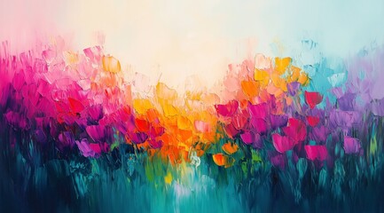 Abstract Floral Tapestry: A vibrant and ethereal abstract painting explodes with a symphony of colours, evoking a sense of warmth, joy, and pure artistry. Swirls of pink, orange, yellow.