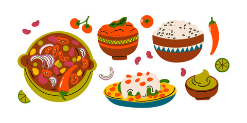 Variety of traditional Mexican dishes including, enchiladas, guacamole, and soup. Colorful food illustration isolated on white .