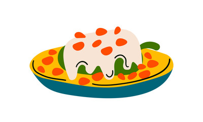 Cartoon Chiles en nogada, Chile Relleno, Poblano chili Mexican food vector illustration. Traditional Mexican Cuisine. Chiles en nogada with sauce isolated on white background.