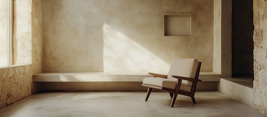Minimalist interior featuring soft beige tones a wooden chair and natural light streaming in creating a serene and spacious ambiance.