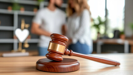 A wooden gavel sits on a table in the foreground, with a blurry image of a couple in the background. The scene represents legal issues, partnership, and perhaps a decision or judgment.