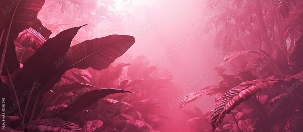 Poster Captivating foggy rainforest with leafy reddish pink hues creating an inviting atmosphere for exploration in a whimsical fantasy setting