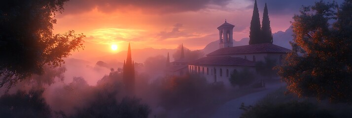 A mystical veil of light surrounding a peaceful monastery at sunrise invoking tranquility and divine connection
