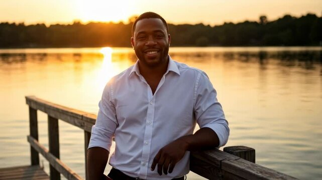 Confident Man Smiling on Wooden Deck at Sunset Over Calm Water with Reflection