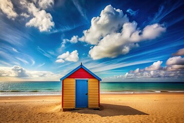 Serene Seascape with Beach Hut Nestled Amidst a Blue Sky Canvas
