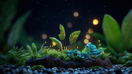 A lush green miniature scene with delicate plants illuminated by soft lights, creating a serene and enchanting atmosphere.