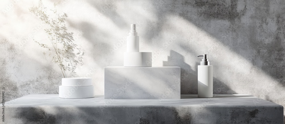 Poster minimalist scene featuring white cylindrical and rectangular containers on a light gray table with s
