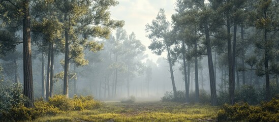 Obraz premium Serene forest landscape with tall pine trees enveloped in misty fog creating an enchanting atmosphere with soft green and gray hues in the background.