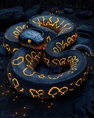 A mesmerizing black and orange glowing snake resting on dark rocks, showcasing intricate patterns and a mystical aura.