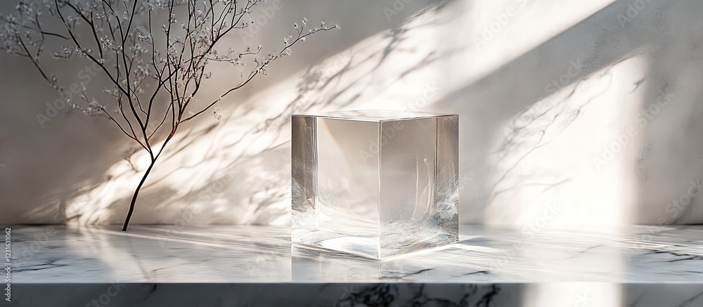 Poster transparent glass cube casting intricate shadows on a polished marble surface complemented by soft n