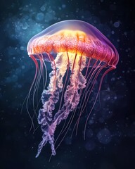 A mesmerizing jellyfish floats gracefully in dark waters, showcasing vibrant colors and delicate tentacles. Perfect for aquatic themes.