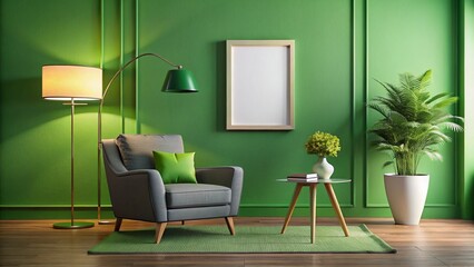 Sophisticated Green Living Room with Grey Chair, Lamp, and Middle Table
