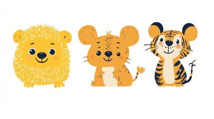 Cute cartoon animals; hedgehog, mouse, tiger; white background; children's book illustration