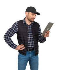 Cutout of professional man wearing casual clothing using digital tablet.
