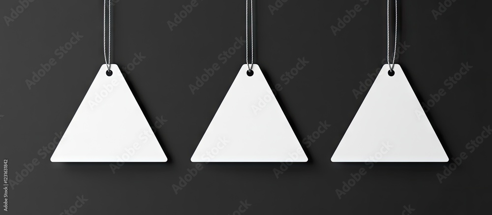 Poster blank triangular labels hanging against a dark background showcasing a clean minimalist design, perf