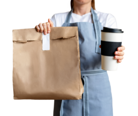 Cutout female worker in apron holding coffee mug and lunch in brown paper bag. Food delivery industry. 