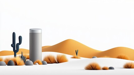 A minimalist desert landscape featuring a modern cylinder, cacti, and orange sand dunes under a bright white sky.