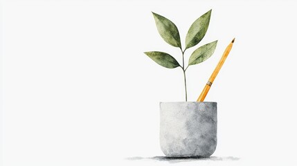 A minimalist design featuring a plant and a pencil in a round pot, perfect for workspace decor and artistic inspiration.