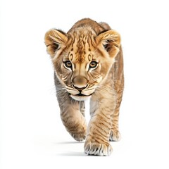 Obraz premium A playful lion cub approaches with curiosity, showcasing its beautiful fur and captivating eyes in a bright, white background.