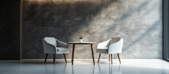 Chic modern chairs in white with wooden legs aligned stylishly around a minimalist table against a textured gray wall illuminated by soft light
