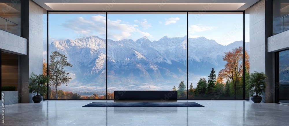 Poster modern office building lobby with large glass windows showcasing panoramic mountain views in soft bl