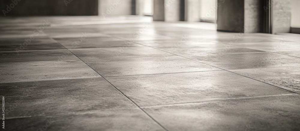 Poster minimalist concrete floor background featuring smooth gray tiles and natural light streaming in from