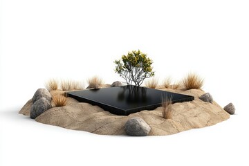 A minimalistic landscape with a black platform, adorned by a small tree and surrounded by sandy terrain and rocks.