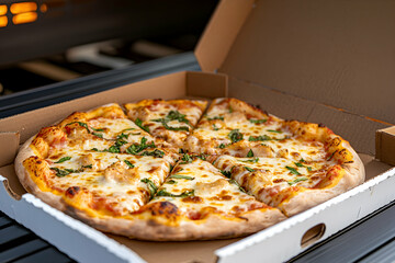 Delicious pizza in an open box with toppings.